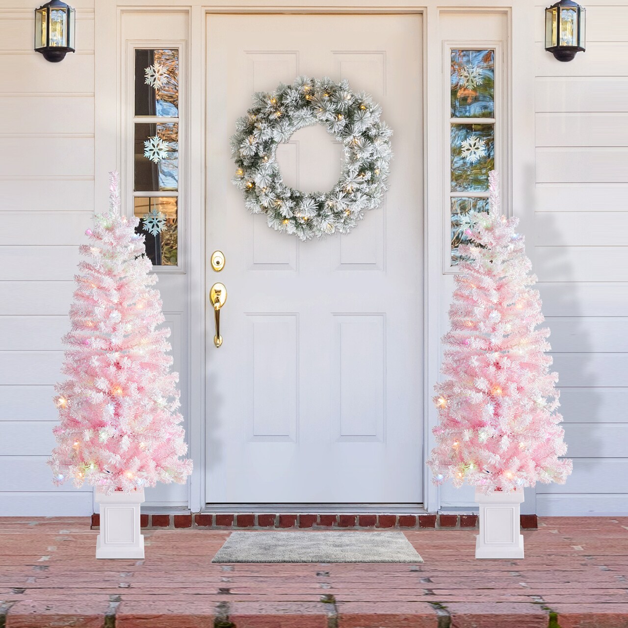 Set of 2 4ft/5ft Pre-Lit Flocked Pink Artificial Christmas Porch Tree with warm white/multi-color LED Lights, 8 function w/Foot Pedal
